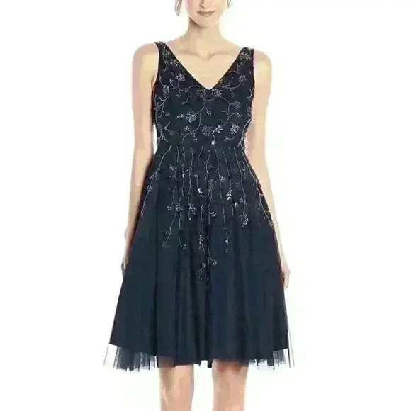NWT Adrianna Papell Womens Sleeveless Tea Length Floral Sequin Cocktail Dress 4P - Picture 5 of 16